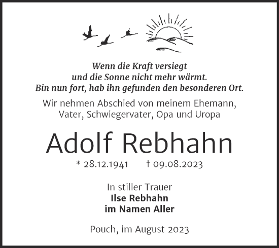 Traueranzeige von Adolf Rebhahn von Trauerkombi Bitterfeld