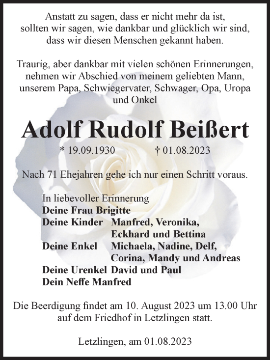 Traueranzeige von Adolf Rudolf Beißert von Volksstimme Altmark West