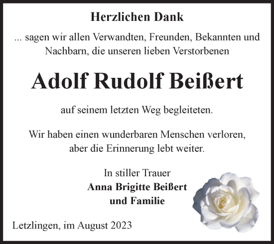 Traueranzeige von Adolf Rudolf Beißert von Volksstimme Altmark West