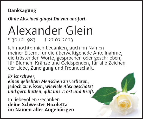 Traueranzeige von Alexander Glein von Trauerkombi Bernburg