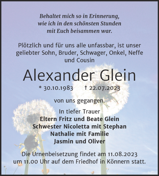 Traueranzeige von Alexander Glein von Trauerkombi Bernburg