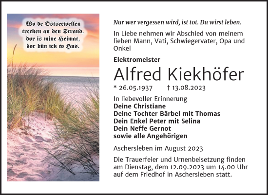 Traueranzeige von Alfred Kiekhöfer von Trauerkombi Aschersleben