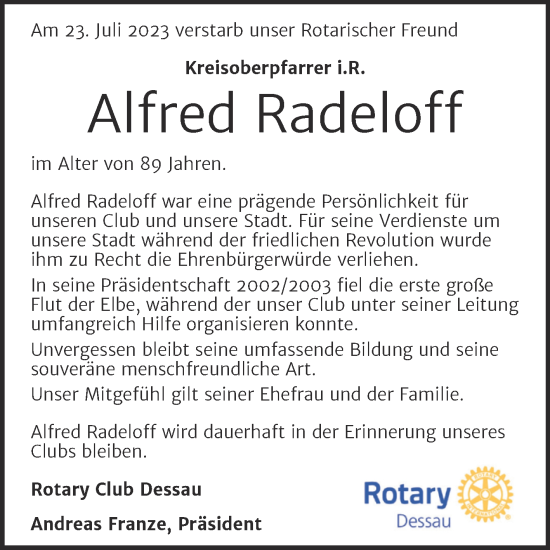 Traueranzeige von Alfred Radeloff von Mitteldeutsche Zeitung Dessau-Roßlau