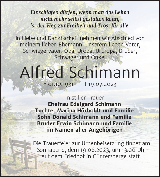 Traueranzeige von Alfred Schimann von Trauerkombi Quedlinburg