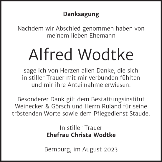 Traueranzeige von Alfred Wodtke von Trauerkombi Bernburg