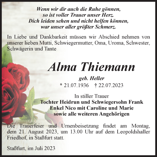 Traueranzeige von Alma Thiemann von Volksstimme Staßfurt