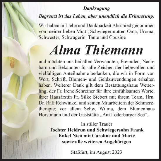 Traueranzeige von Alma Thiemann von Volksstimme Staßfurt