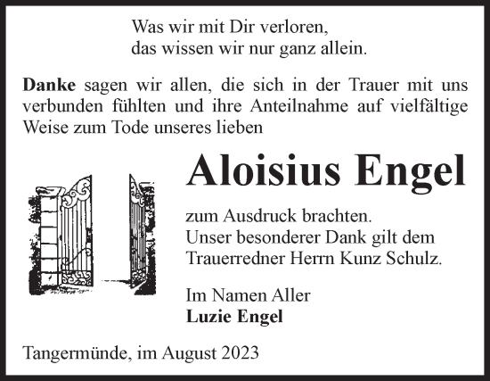 Traueranzeige von Aloisius Engel von Volksstimme Altmark Ost