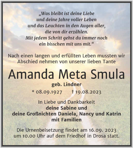 Traueranzeige von Amanda Meta Smula von Trauerkombi Köthen
