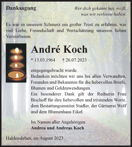 Traueranzeige von Andre Koch von Volksstimme Haldensleben/Wolmirstedt