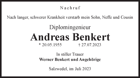 Traueranzeige von Andreas Benkert von Volksstimme Altmark West