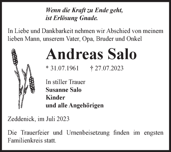 Traueranzeige von Andreas Salo von Volksstimme Burg/Genthin
