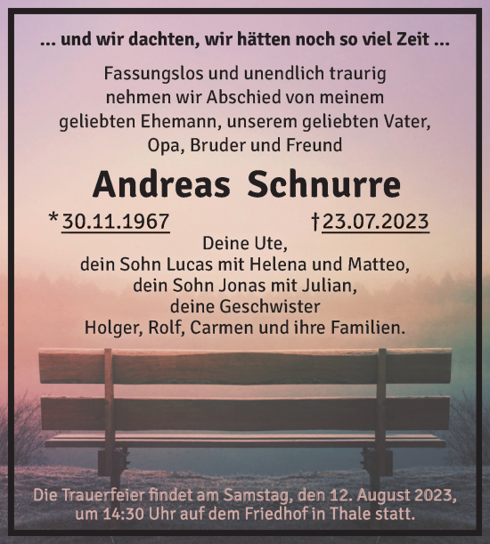 Traueranzeige von Andreas Schnurre von Trauerkombi Quedlinburg
