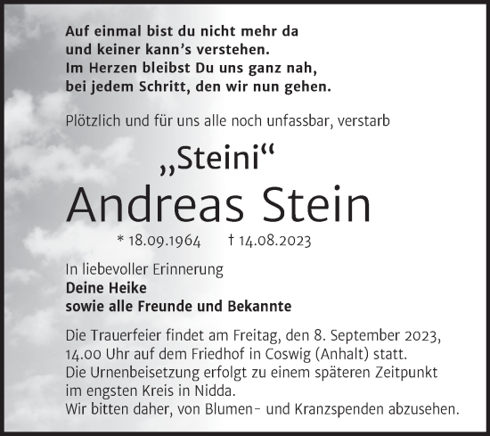 Traueranzeige von Andreas Stein von Trauerkombi Wittenberg