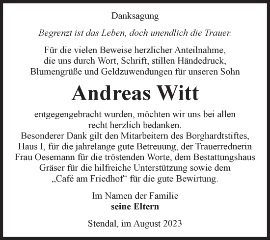 Traueranzeige von Andreas Witt von Volksstimme Altmark Ost