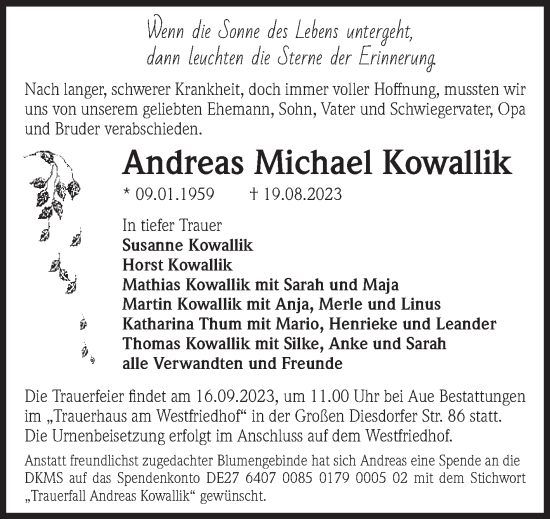 Traueranzeige von Andreas Michael Kowallik von Volksstimme Magdeburg