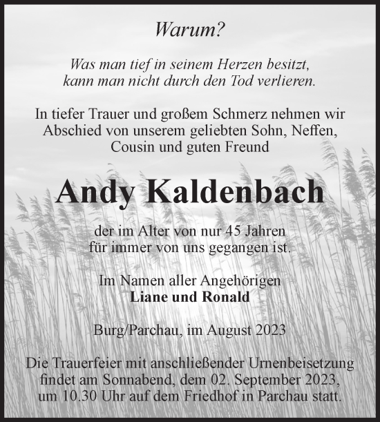 Traueranzeige von Andy Kaldenbach von Volksstimme Burg/Genthin