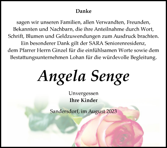 Traueranzeige von Angela Senge von Trauerkombi Bitterfeld