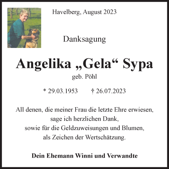 Traueranzeige von Angelika  Sypa von Volksstimme Altmark Ost