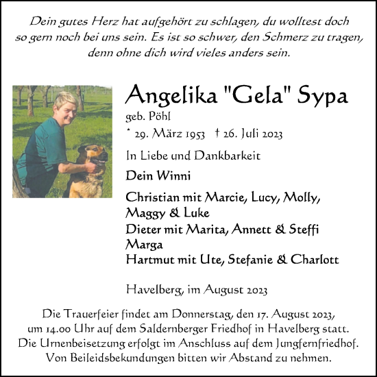 Traueranzeige von Angelika  Sypa von Volksstimme Altmark Ost