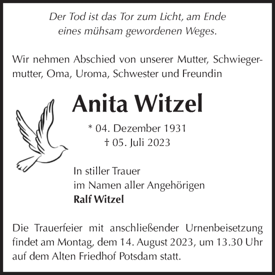Traueranzeige von Anita Witzel von Volksstimme Oschersleben/Wanzleben