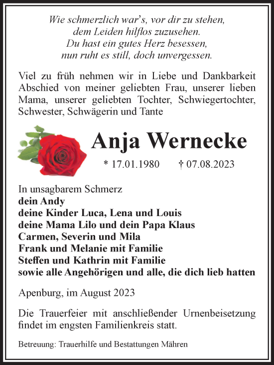 Traueranzeige von Anja Wernecke von Volksstimme Altmark West