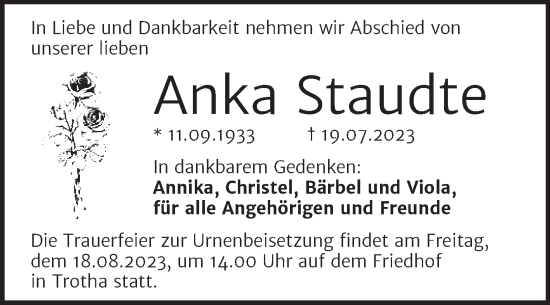Traueranzeige von Anka Staudte von Mitteldeutsche Zeitung Halle/Saalkreis