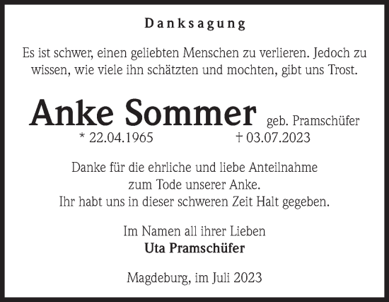 Traueranzeige von Anke Sommer von Volksstimme Magdeburg