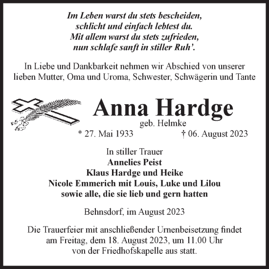Traueranzeige von Anna Hardge von Volksstimme Haldensleben/Wolmirstedt