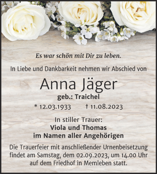 Traueranzeige von Anna Jäger von Wochenspiegel Naumburg/Nebra