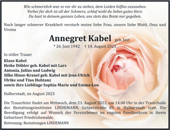 Traueranzeige von Annegret Kabel von Volksstimme Halberstadt