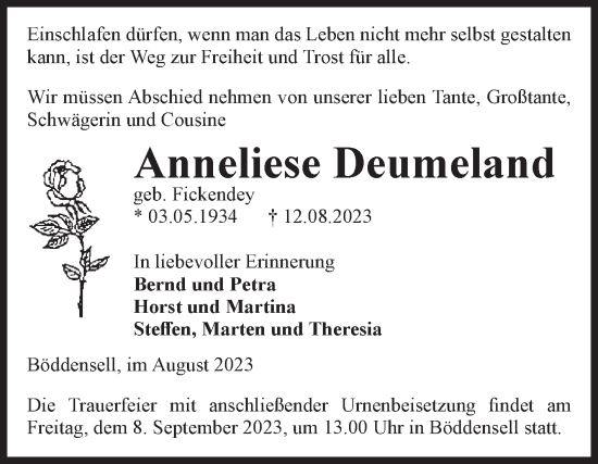 Traueranzeige von Anneliese Deumeland von Volksstimme Haldensleben/Wolmirstedt