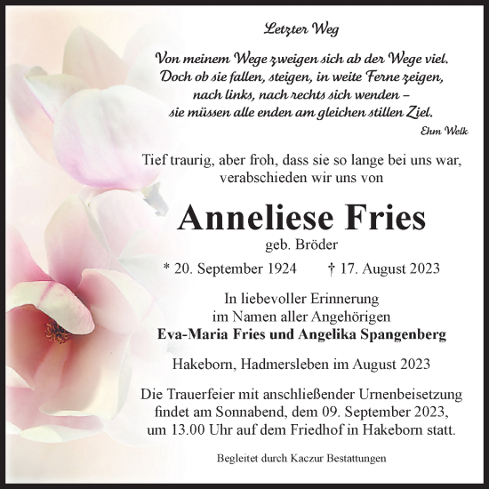 Traueranzeige von Anneliese Fries von Volksstimme Staßfurt