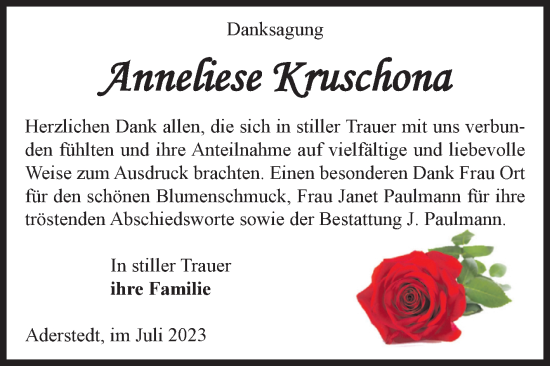 Traueranzeige von Anneliese Kruschona von Volksstimme Halberstadt