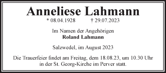 Traueranzeige von Anneliese Lahmann von Volksstimme Altmark West
