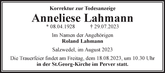 Traueranzeige von Anneliese Lahmann von Volksstimme Altmark West