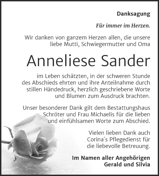 Traueranzeige von Anneliese Sander von Trauerkombi Bitterfeld