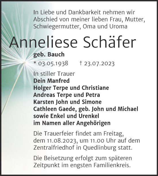 Traueranzeige von Anneliese Schäfer von Trauerkombi Quedlinburg
