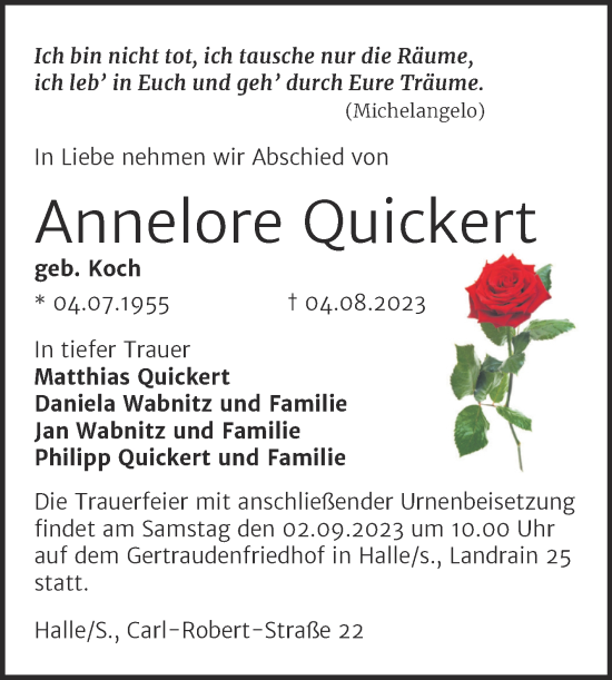 Traueranzeige von Annelore Quickert von Mitteldeutsche Zeitung Halle/Saalkreis