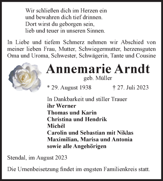 Traueranzeige von Annemarie Arndt von Volksstimme Altmark Ost