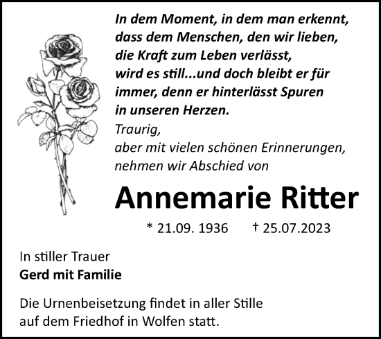 Traueranzeige von Annemarie Ritter von Trauerkombi Wittenberg