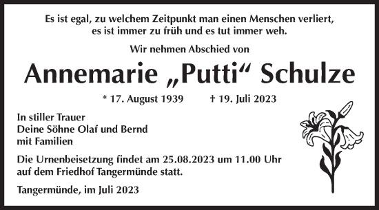Traueranzeige von Annemarie Schulze von Volksstimme Altmark Ost