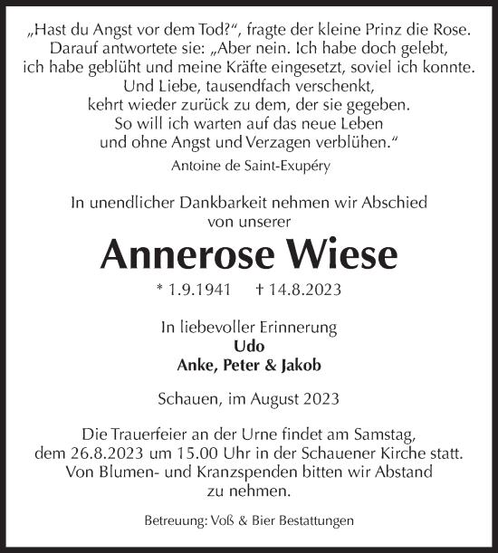 Traueranzeige von Annerose Wiese von Volksstimme Halberstadt