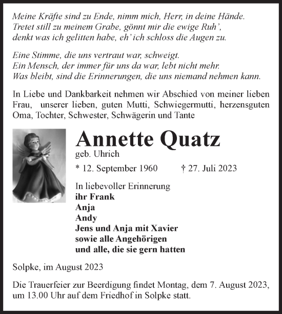 Traueranzeige von Annette Quatz von Volksstimme Altmark West