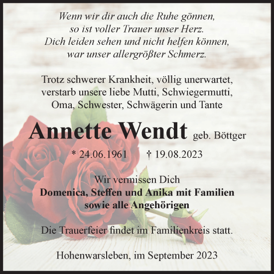 Traueranzeige von Annette Wendt von Volksstimme Haldensleben/Wolmirstedt