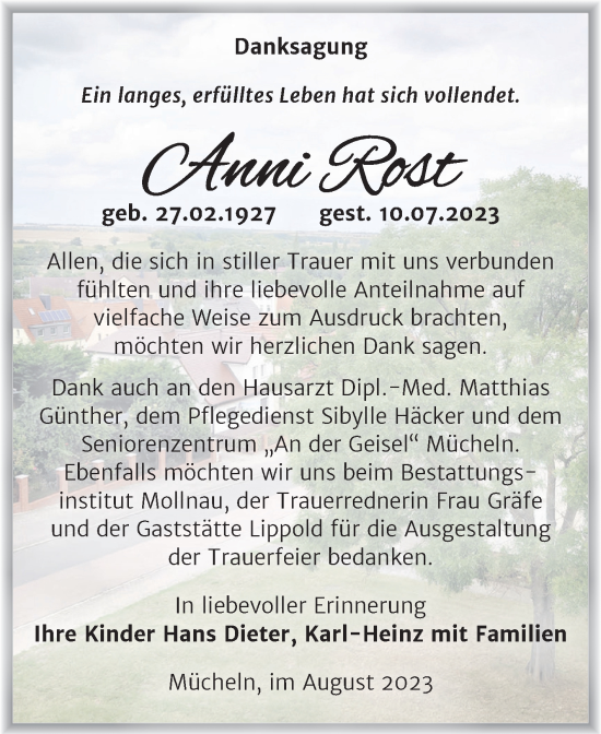 Traueranzeige von Anni Rost von Trauerkombi Merseburg