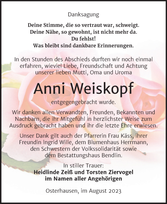 Traueranzeige von Anni Weiskopf von Trauerkombi Mansfelder Land
