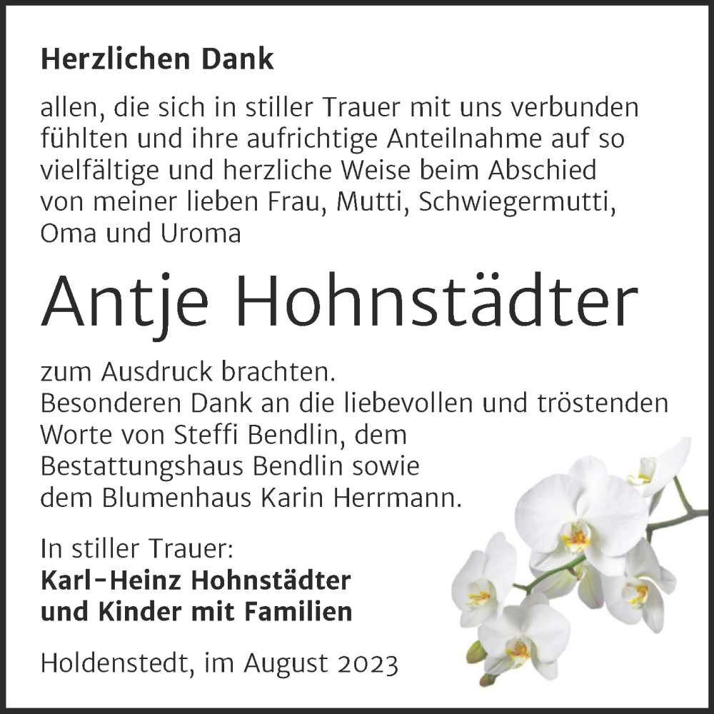  Traueranzeige für Antje Hohnstädter vom 19.08.2023 aus Trauerkombi Sangerhausen