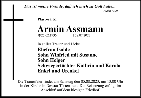Traueranzeige von Armin Assmann von Mitteldeutsche Zeitung Dessau-Roßlau