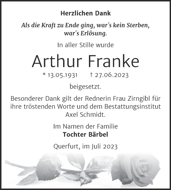 Traueranzeige von Arthur Franke von Trauerkombi Merseburg